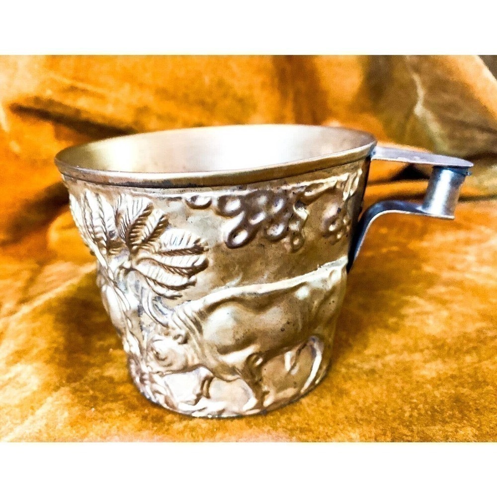 𝅺VAPHEIO Mycenaean Museum Replica Brass Cup Bull Stag Repousse Mid Century Greek